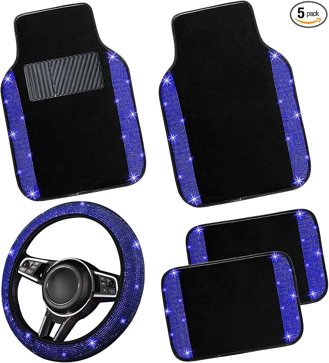 NBTEPEM Bling Car Floor Mats Full Set and Steering Wheel Cover, Universal Fit Most Cars, 4 pcs Sparkle Glitter Diamond Carpet, 5 pcs Bling Car Accessories Set for Women (Blue Diamond)