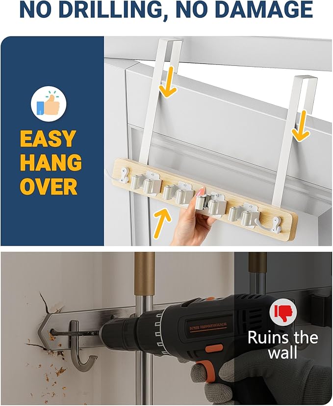 Lorbro Broom Holder Door Mount, Over the Door Broom and Mop Holder with 2 Over Door Hooks, Wood Broom Hanger, Tool Rack Organ