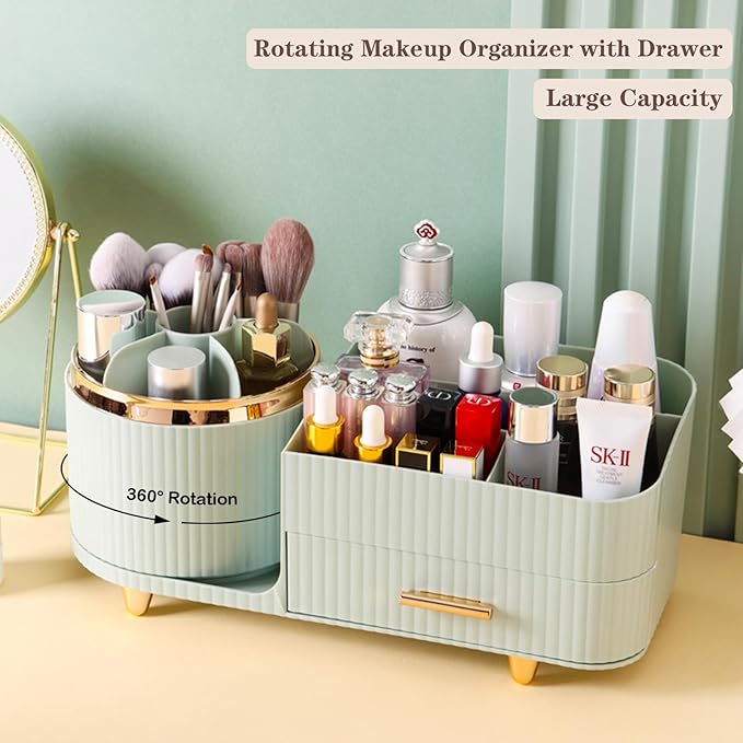 Rotating Makeup Organizer for Vanity with Brush Holder and Drawer, Cosmetic Makeup Storage, Large Spinning Makeup Skincare Or