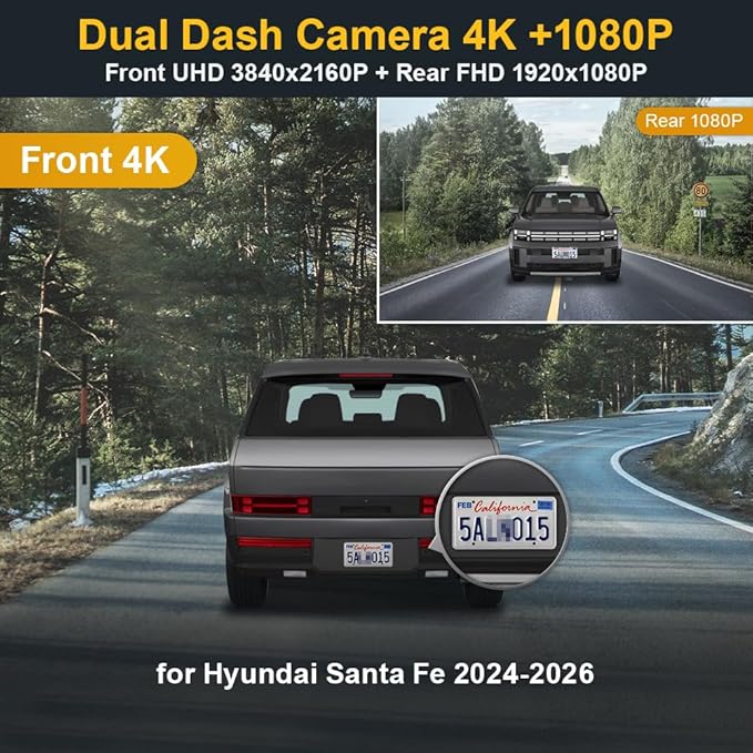Fitcamx Front 4K+Rear 1080P Dash Cam Adapts for Hyundai Santa Fe 2024-2026 (Part No#P6000), OEM Factory Look, 2 Way HD Video,