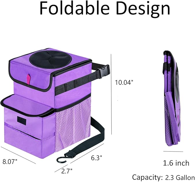 Car Trash Can Foldable Garbage Bin Leakproof 2.3 Gallons Purple