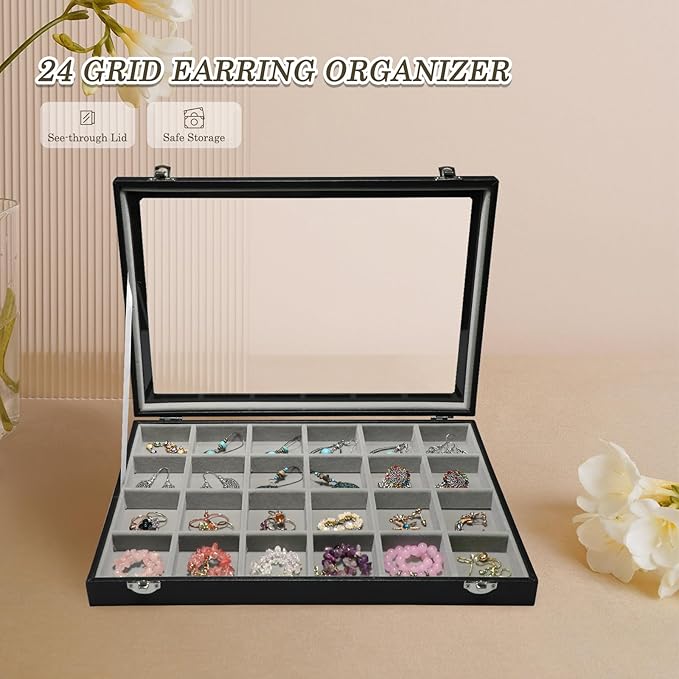 Stratalife Earring Organizer Velvet Jewelry Organizer Box 24 Grid Earring Tray Jewelry Display Jewelry Storage Jewelry Trays 