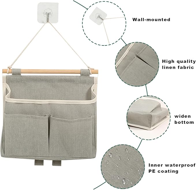 4 Pcs Wall Hanging Storage Caddy Bags, Wall Hanging Organizer Bag with Hooks, Linen Cotton Fabric Hanging Wall Door Organizer