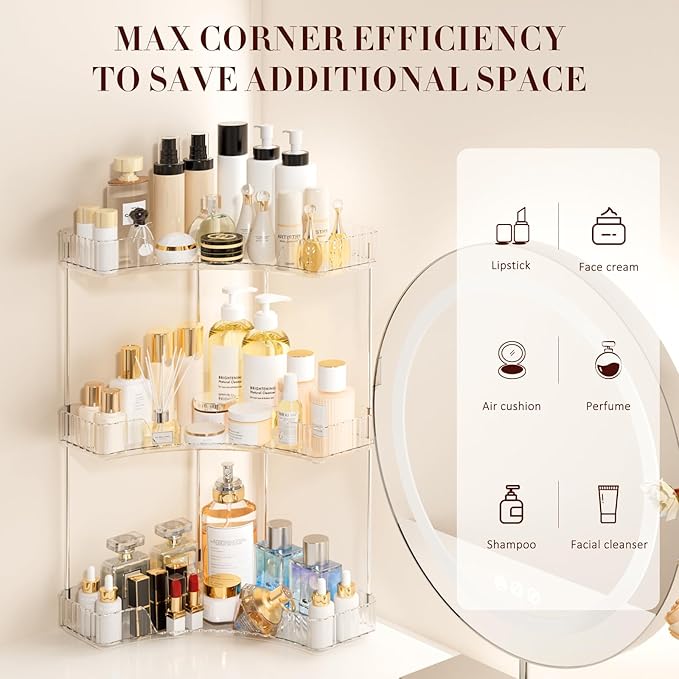 3-Tier Corner Bathroom Counter Organizer, Large Makeup Organizer For Vanity, Skincare Perfume Organizers For Women Or Men, Ex