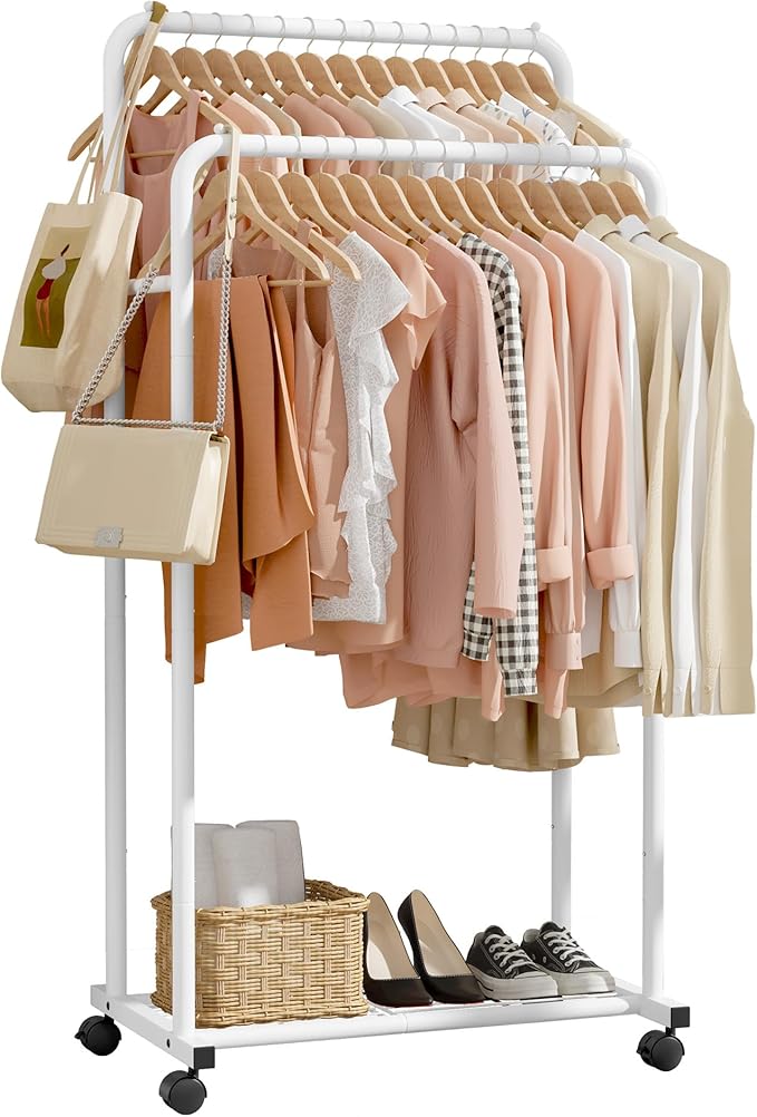 Sakugi Clothes Rack - Clothing Rack with Storage Mesh Shelf & Casters, Heavy-Duty Metal Clothing Rack for Hanging Clothes, Dr