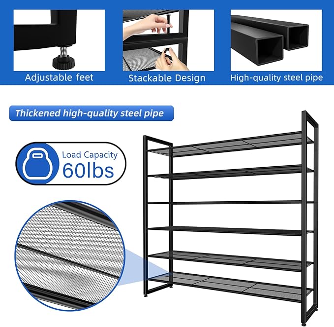 Simple Trending Shoe Rack Holds 60 Pairs, 12 Tier Shoe Organizer, Heavy Duty Large Metal Stackable Shoe Storage for Closet, B