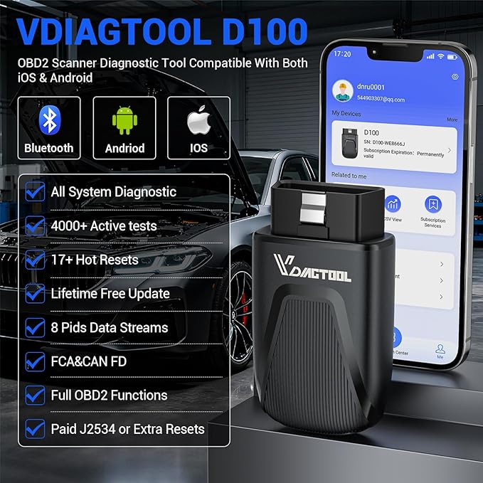 OBD2 Scanner Bluetooth Vdiagtool D100, Bidirectional Scan Tool Wireless - Full System Diagnostic With 17 Resets, Lifetime