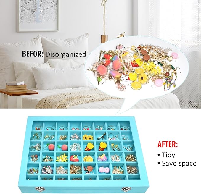Vicoter Velvet Jewelry Tray 48 Compartments Jewelry Display Organizer with Transparent Cover Rings, Earrings, Necklaces, Pend