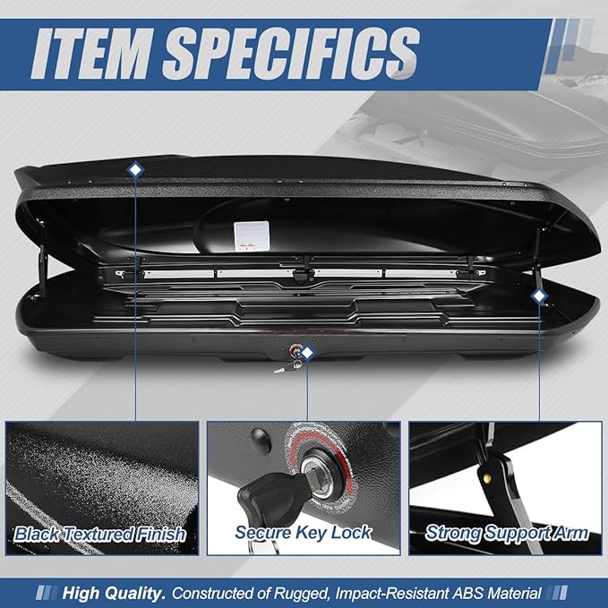 Auto Dynasty Hard Shell Roof Top Mount Car Storage Travel Luggage Box Cargo Carrier with Security Keys, 80 (L) x 30 (W) x 13 (H) Inches, Capacity 110 Pounds, 15 Cubic Feet, Textured Black