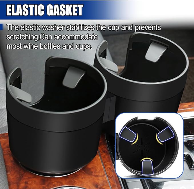 Car Double Cup Holder Extender, Multifunctional 2-in-1 Auto Drink Holder Insert with Adjustable Base, Portable Cup Holders Adapter, Universal Car Beverage Organizer for Bottle, Snack (Black)