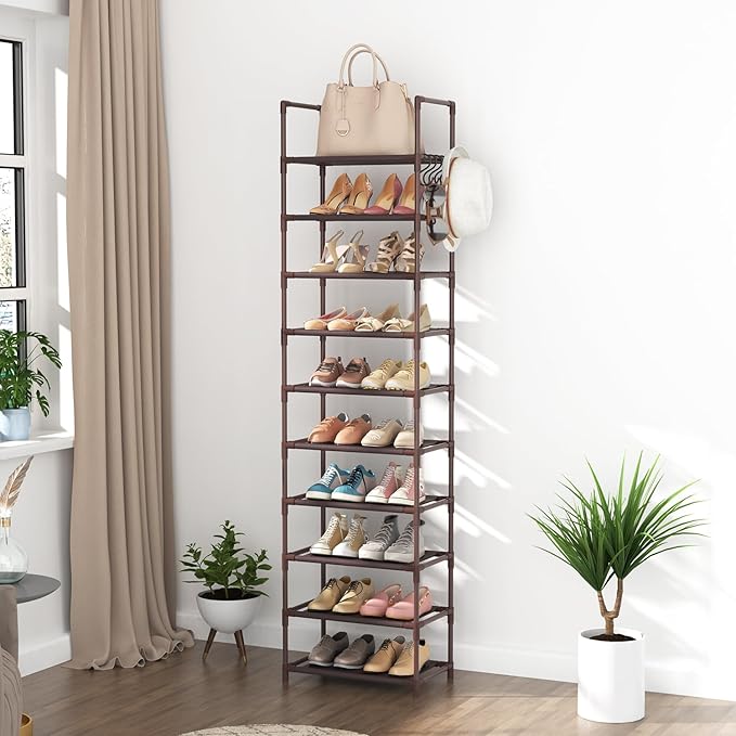 LANTEFUL 10 Tiers Tall Shoe Rack 20-25 Pairs Boots Organizer Storage Sturdy Narrow Shoe Shelf for Entryway, Closets with Hook