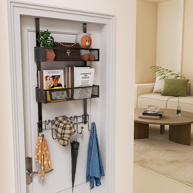 HapiRm Over The Door Hanger with Coat Hooks and 2 Baskets, Rustproof & Waterproof Over The Door Hooks, Storage Organizer for 