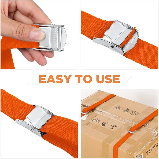 Riakrum 15 Pack 16 Feet Lashing Straps Adjustable Kayaks Tie Down Cam Buckle Straps with Buckles up to 250lbs for Cargo, Luggage, Motorcycles, Truck, Car Roof Rack, Sup Surfboard(Orange)