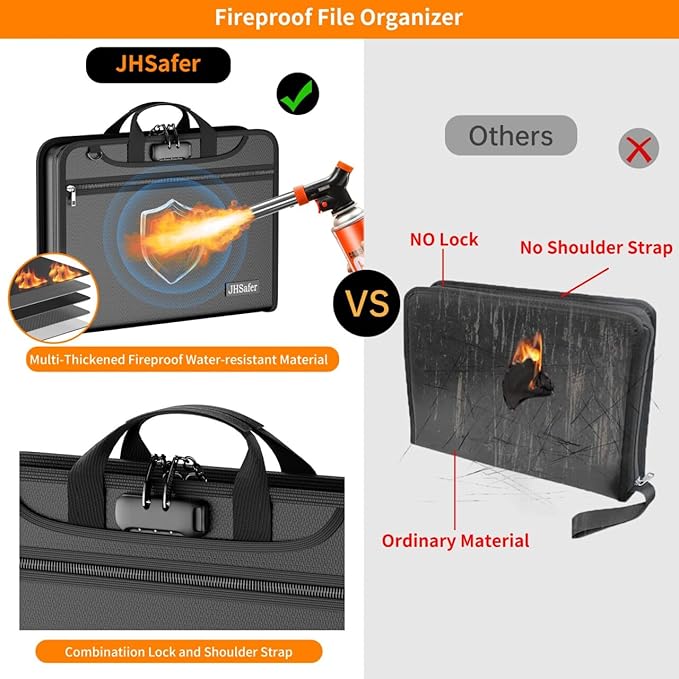 Fireproof Accordion File Organizer with Lock, Water Resistant Expanding File Folder with Shoulder Strap, Important Document O