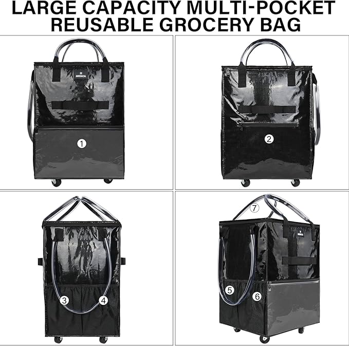 Reusable Grocery Bag On Wheels, Foldable Shopping Rolling Tote Bag with 6 Pockets, Shopping Trolley Cart with Zippered Top & 3-Way Handles, Heavy Duty, Lightweight for Moving, Camping, Small, Black