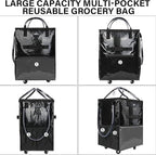 Reusable Grocery Bag On Wheels, Foldable Shopping Rolling Tote Bag with 6 Pockets, Shopping Trolley Cart with Zippered Top & 3-Way Handles, Heavy Duty, Lightweight for Moving, Camping, Small, Black