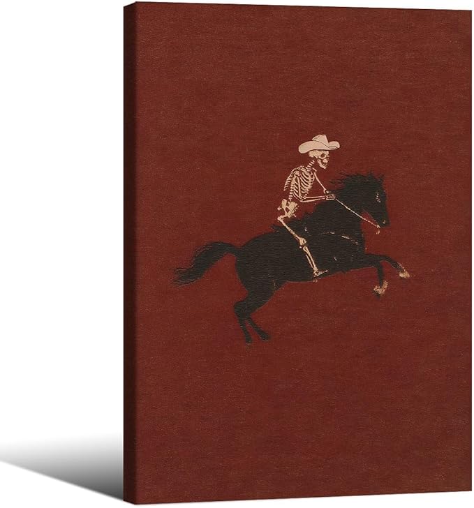 Retro Western Framed Wall Art Skeleton Cowboy Poster Vintage Bucking Bronco Prints Quirky Western Horse Rider Painting Hallow