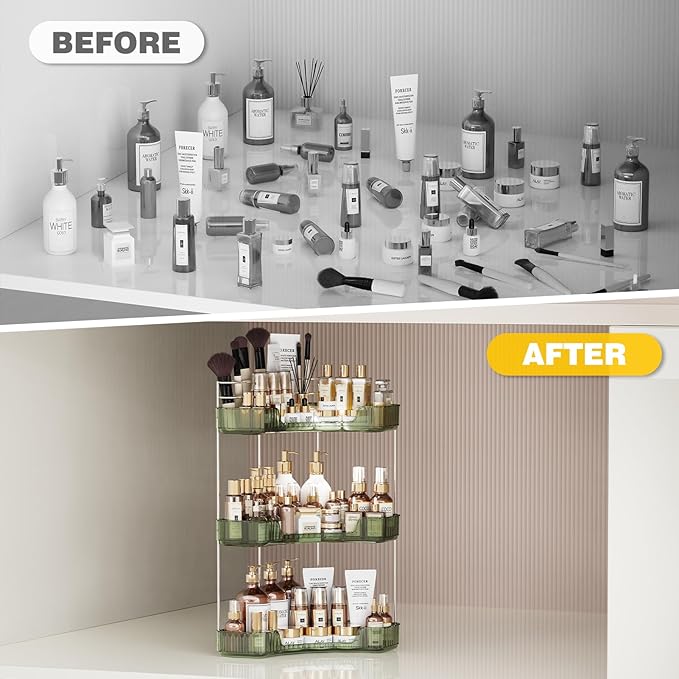 Asayuee 3-Tier Corner Bathroom Counter Organizer with Top Toothbrush Holders,Large Makeup Organizer Countertop with Brush Hol
