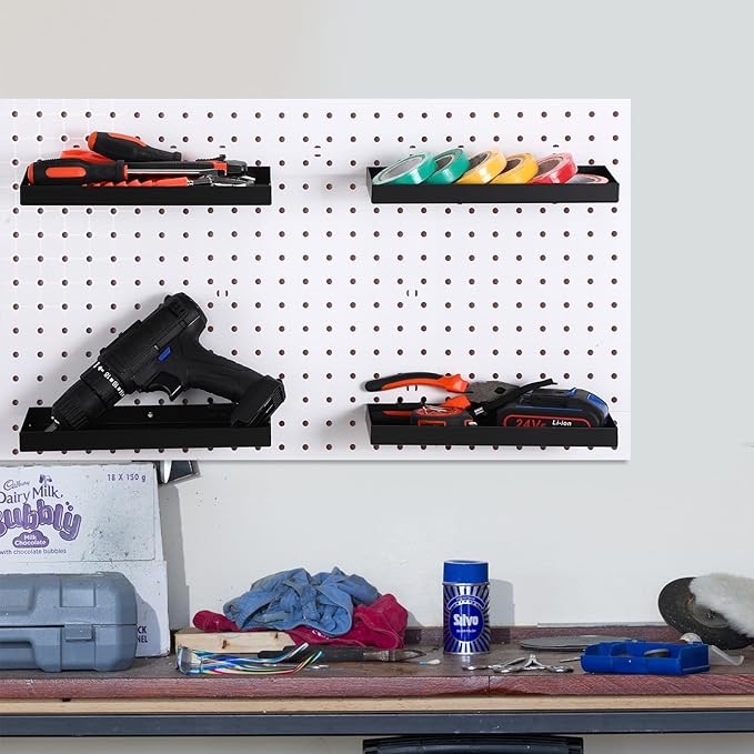 Blulu 4 Pcs Pegboard Shelves, 10 x 4 Inch Metal Heavy Duty Wall Mounted Pegboard Shelf Tray Accessories with Lip for Craft Ro