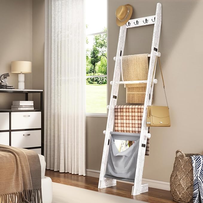 REFGY 5-Tier Blanket Ladder Shelf, 5.3FT (63'') Wall Leaning Blanket Ladders for Living Room Bedroom, Decorative Quilt Rack w