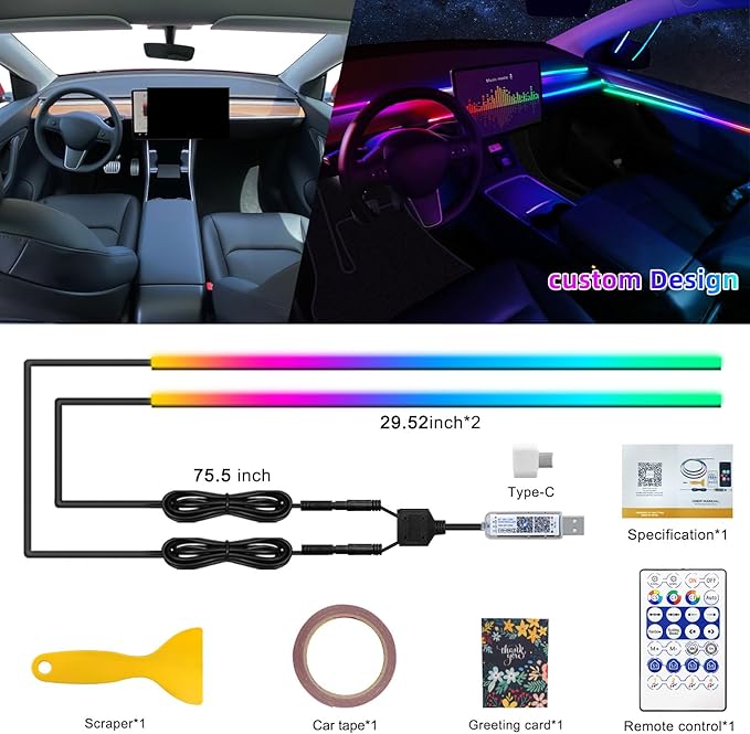 Dreamcolor Acrylic Interior Car LED Strip Light with USB/Type C, RGB 2 in 1 with 59.04 inches LED Strip, Dynamic Chasing Music Sync Neon Ambient Lighting Kits