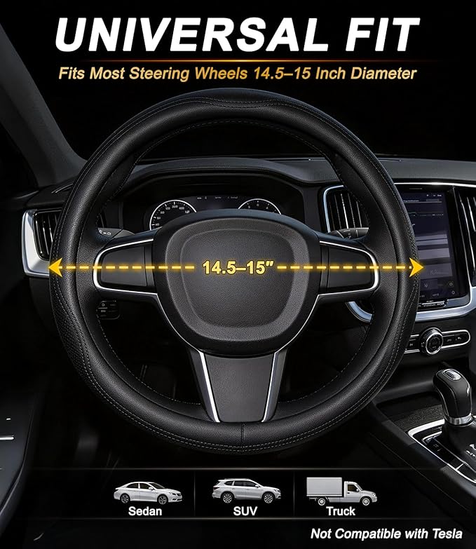 XCBYT Steering Wheel Cover for 14.5–15 Inch Steering Wheels, Microfiber Leather Steering Wheel Cover, Anti-Slip Breathable Gr