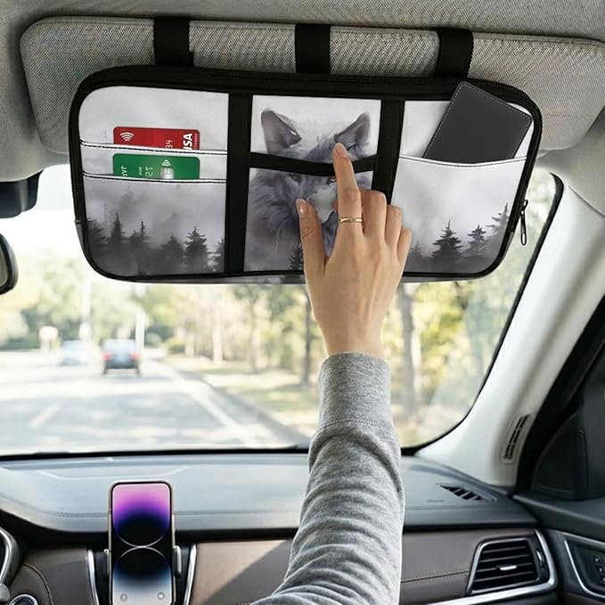 Wolf PrintCar Sun Visor Organizer Visor Organizer Car Sun Storage Pocket Pouch Case Bag for Card Pen Phone Interior Car Accessories