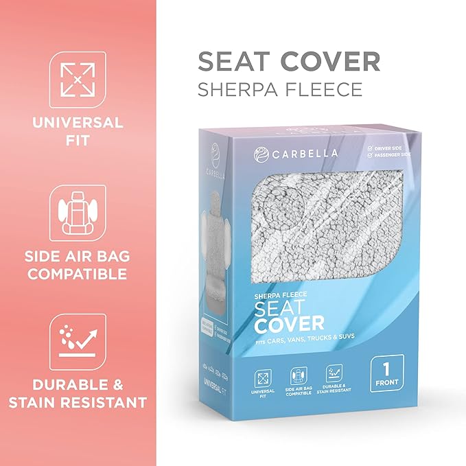 Carbella Plush Sherpa Fleece, 2 Pack Gray Seat Cover for Cars with Soft Cushioned Touch, Cute Automotive Interior Protector f