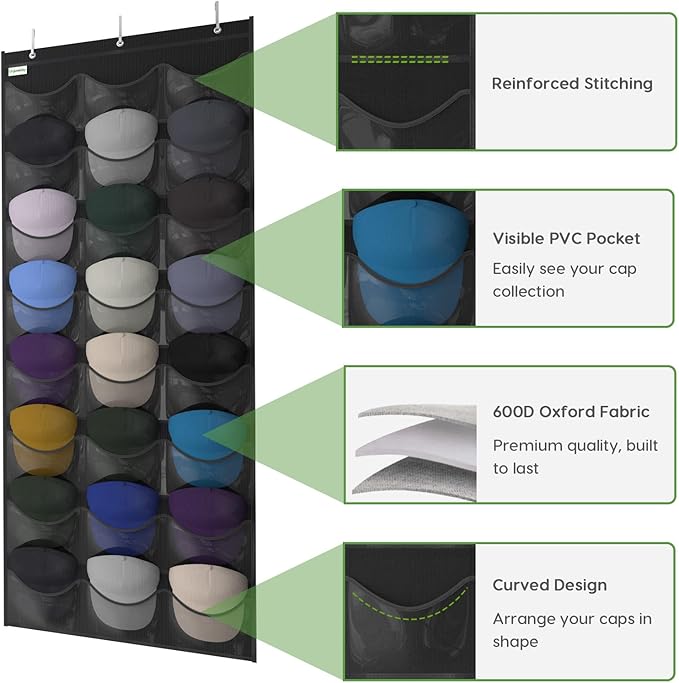 Unjumbly Baseball Hat Rack, 24 Pocket Over-The-Door Hat Organizer with Clear Deep Pockets to Display Baseball Caps Collection
