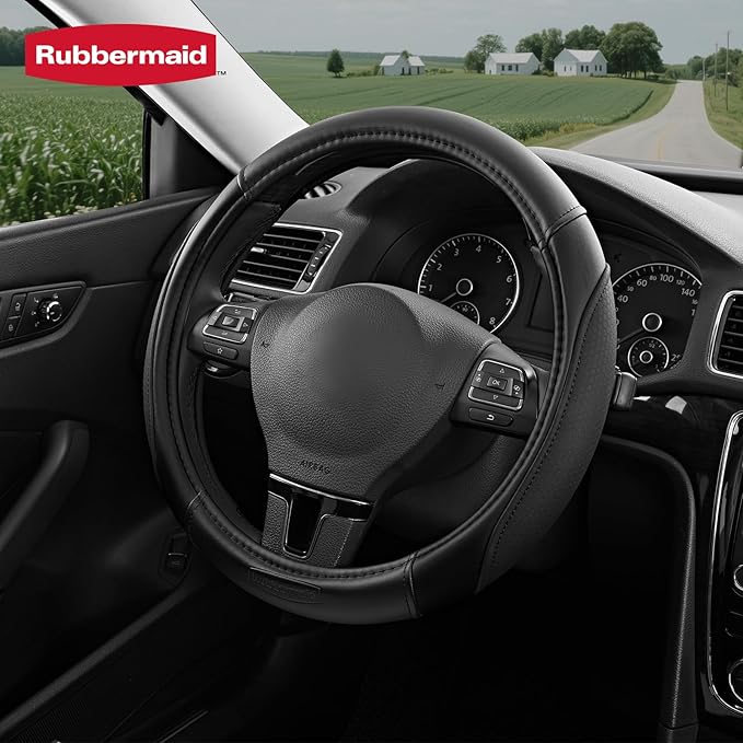 Rubbermaid Steering Wheel Cover – Universal Fit 14.5"–15" Steering Wheel Cover, Anti-Slip Grip, Breathable Leather, All-Seaso