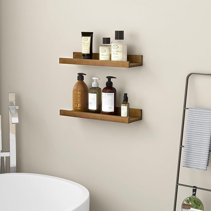 16 Inches Floating Shelves for Wall, Solid Pine Wood Picture Ledge Shelves, Walnut Wall Shelves with Lips, Nursery Book Shelv