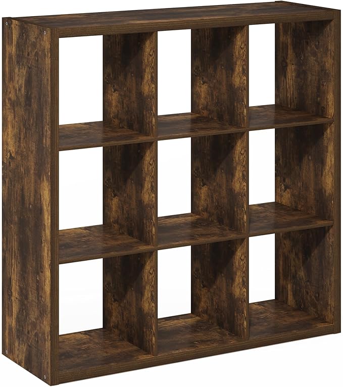 Furinno Cubicle Book Shelf, 9-Cube Bookshelf, Extra Thick Frame Reversible Bookcase with Open Back, 14.6" x 44" x 44", for Li