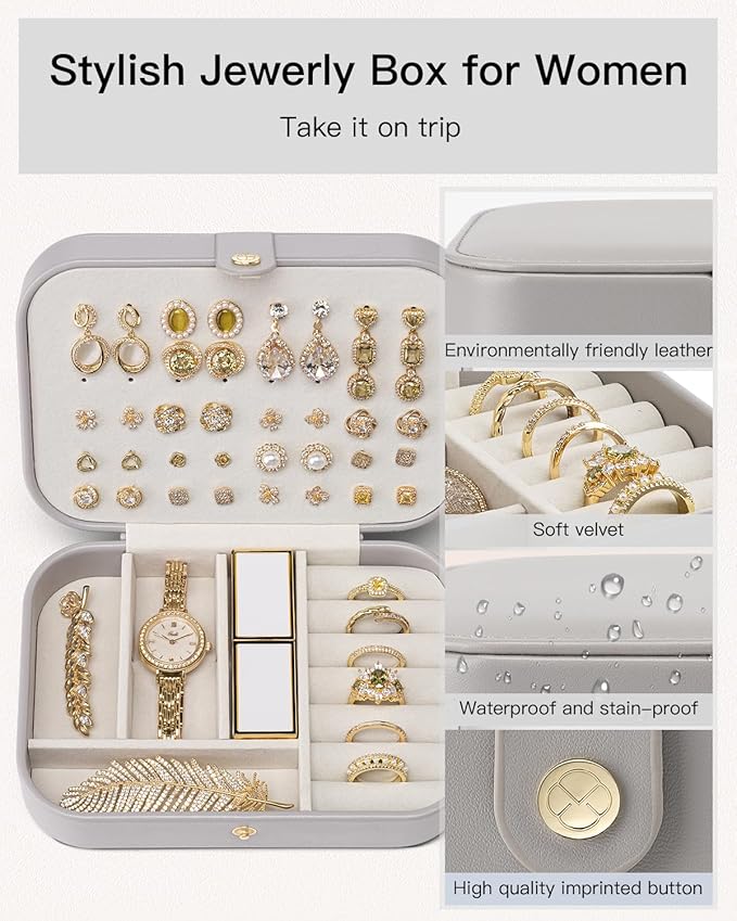VLANDO Travel Jewelry Case, PU Leather Travel Jewelry Box with Earring Holder, Portable Display Small Jewelry Box for Mothers