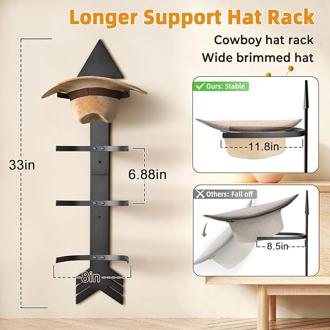 Cowboy Hat Rack for Wall Hat Organizer for 10 Baseball Caps and 3 Cowboy Hat with Solid Wood Arrow Hat Holder Cowgirl Hat Han