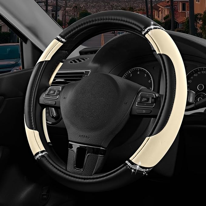 Road Comforts Leather Steering Wheel Cover - Made with PVC Leather - Anti-Slip, Universal Fit 14 1/2 inches to 15 inches - Mi