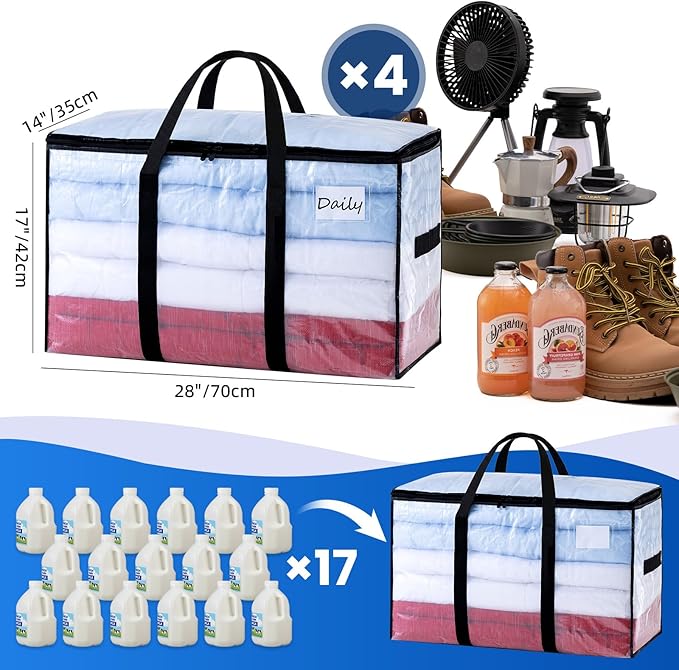 TAILI Extra Large Moving Bags, 4 Pack Clear Heavy Duty Totes For Storage with Visible Window, Wrap Around Handles, Storage Ba