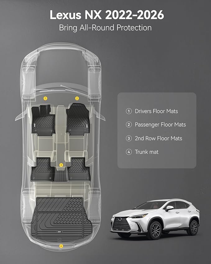 3W Floor Mats & Cargo Liner Fit Lexus NX/ NX250/ NX350 2022-2025 2026 (Not Fit for NX350h/ NX450h+), TPE All Weather Custom Fit Floor Liner for Lexus NX, 1st & 2nd Row Full Set Car Mats, Black