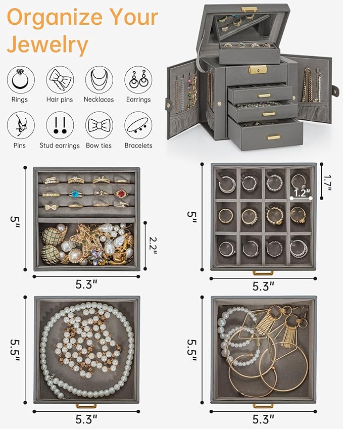 AKOZLIN 4-Tier Jewelry Box Leather Jewelry Storage Organizer with 3 Drawers Lockable for Women Girls Ring Necklace Earring Br