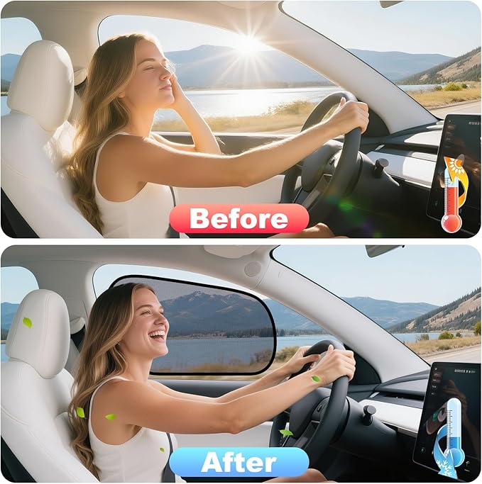 XCBYT Tesla Model Y Car Window Shades for Driver | 2 PCS Cling Side Window Sun Shade for Sun Blocker, Heat Insulation | Transparent Front Window Shade for Clear Visibility