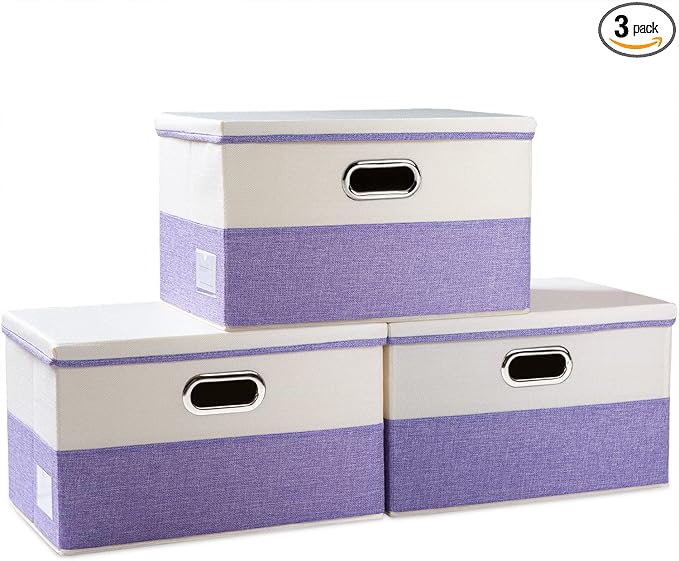 PRANDOM Large Foldable Storage Bins with Lids [3-Pack] linen Fabric Decorative Storage Boxes Organizer Containers Baskets Cub