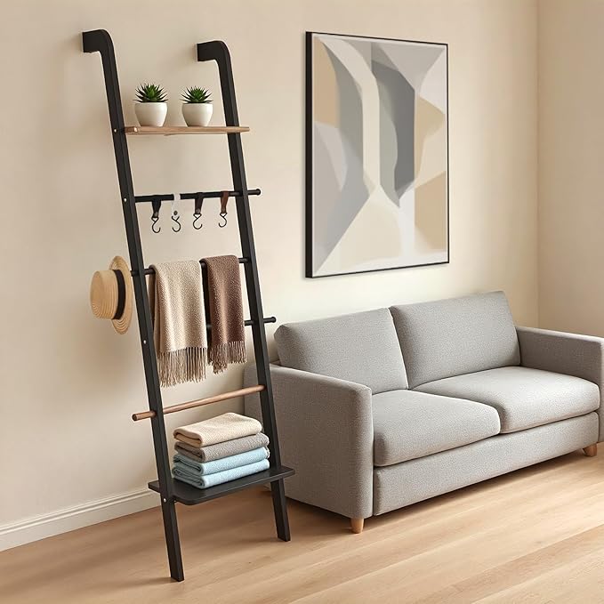 Wooden Ladder with Shelf for Decor, 6-Tier Decor Ladder with Non-Slip Mat & Hooks, Farmhouse Style Leaning Wall Display Holde