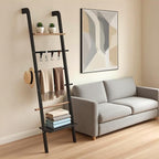 Wooden Ladder with Shelf for Decor, 6-Tier Decor Ladder with Non-Slip Mat & Hooks, Farmhouse Style Leaning Wall Display Holde