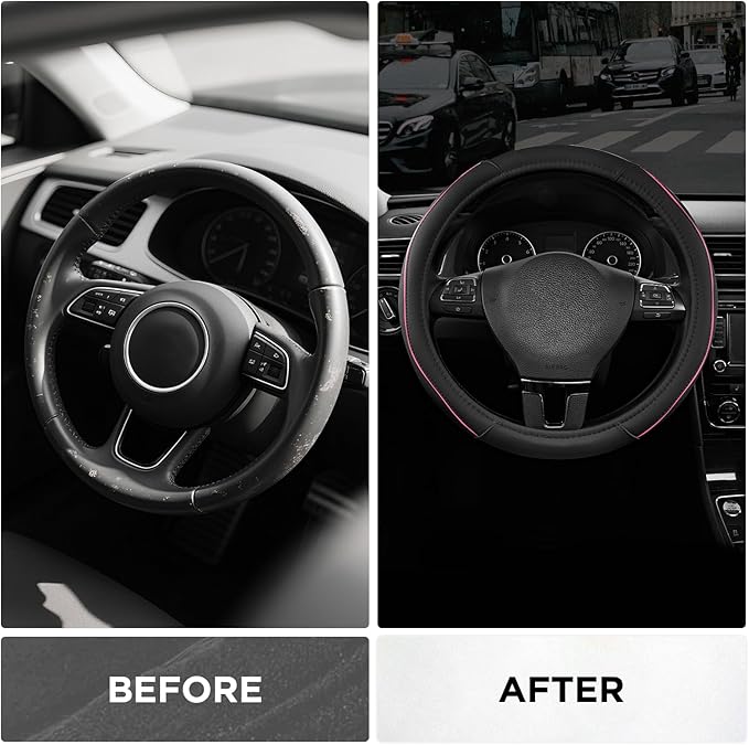 Road Comforts Leather Steering Wheel Cover with Decorative Trim and Piping, Anti-Slip Breathable Design, Fits 14.5–15 Inch Ro