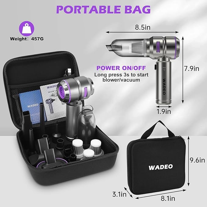 WADEO Handheld Vacuum Cordless, 4-in-1 21000PA Brushless Car Vacuum & 210000RPM Air Duster 7500mAh Battery Air Blower Wireles