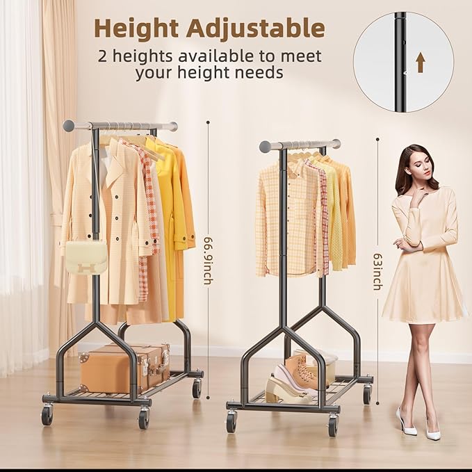 EAGMAK Heavy Duty Clothes Rack Load 424 LBS, Rolling Clothing Rack With Shelves, Adjustable Metal Clothes Hanger with Wheels,