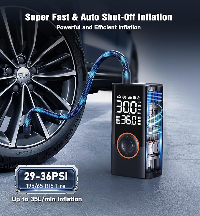 Tire Inflator Portable Air Compressor Portable Cordless Mini Air Pump with Digital Pressure Gauge Inflater 150PSI 3X Fast Inflation Auto Shutoff Large Battery Tires Pump for Cars Motors Bikes Balls