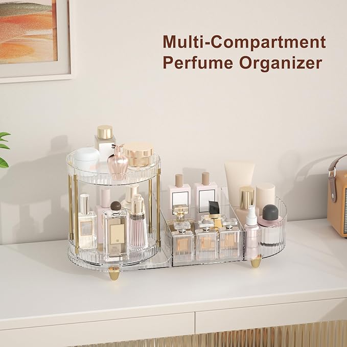Makeup Organizer Countertop for Vanity, Rotating Perfume Tray with 5-compartment Cosmetic and Skincare Organizers, Multi-Purp