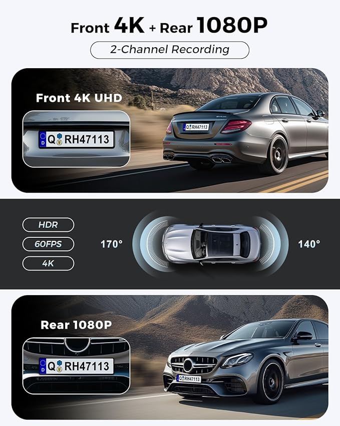4K+1080P FHD Dash Cam Front and Rear, Dual Dash Camera for Cars with Night Vision, 2 Channel HDR Dash Camera, 24H Parking Mod