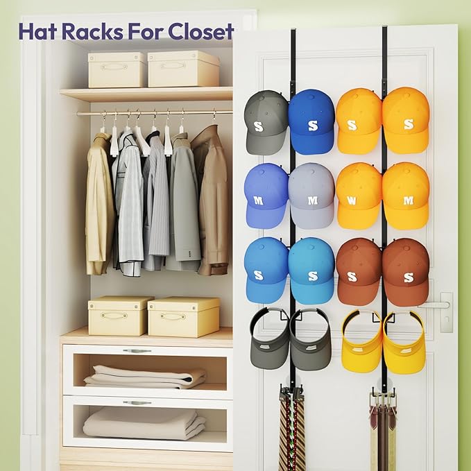 SWTYMIKI Over Door Hat Organizer - 2 Packs Metal Wall Mounted Hat Rack with 5-Tier Dual Hooks Design, Hanging Baseball Cap Or