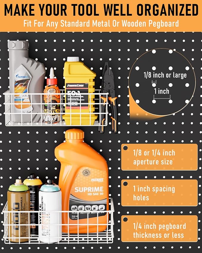 INCLY 4 Pack Pegboard Baskets Bins Set, 4 Size Square Style Metal White Wire Basket for Any Peg Board Organizing Tools, Pegbo